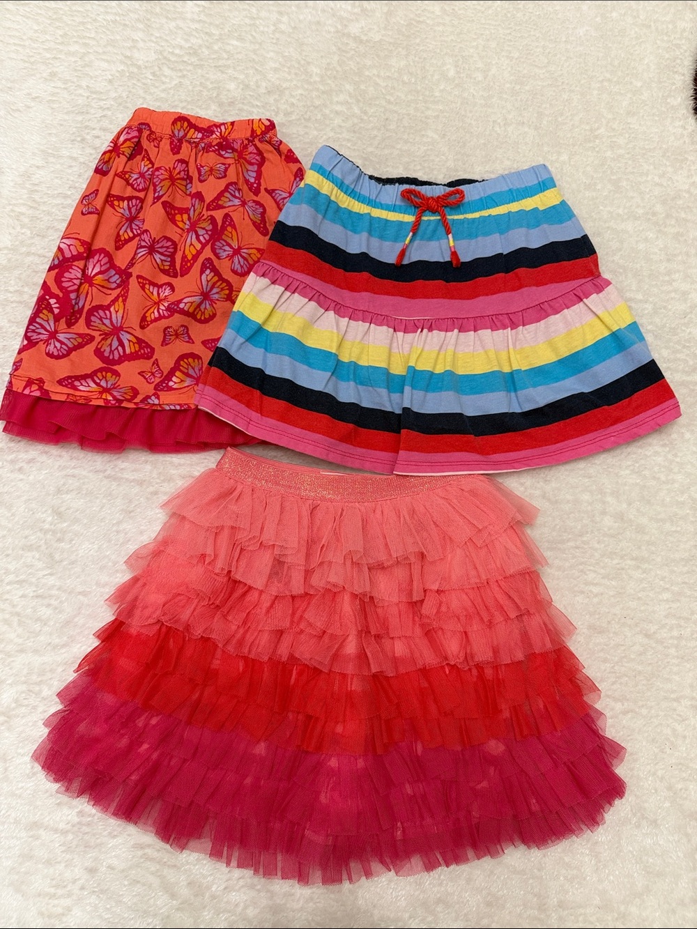 Lot of 3 Skirts - Pink Ombré Tiered Tulle, Butterfly Print; Multicolor Striped
